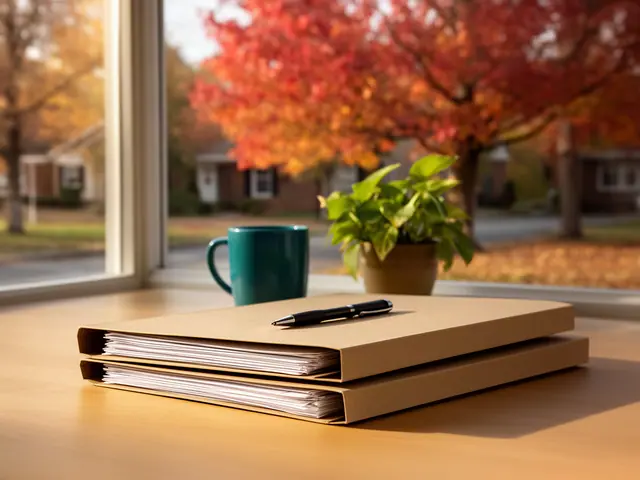 A neat stack of closed manila folders and a pen on a desk by a window.