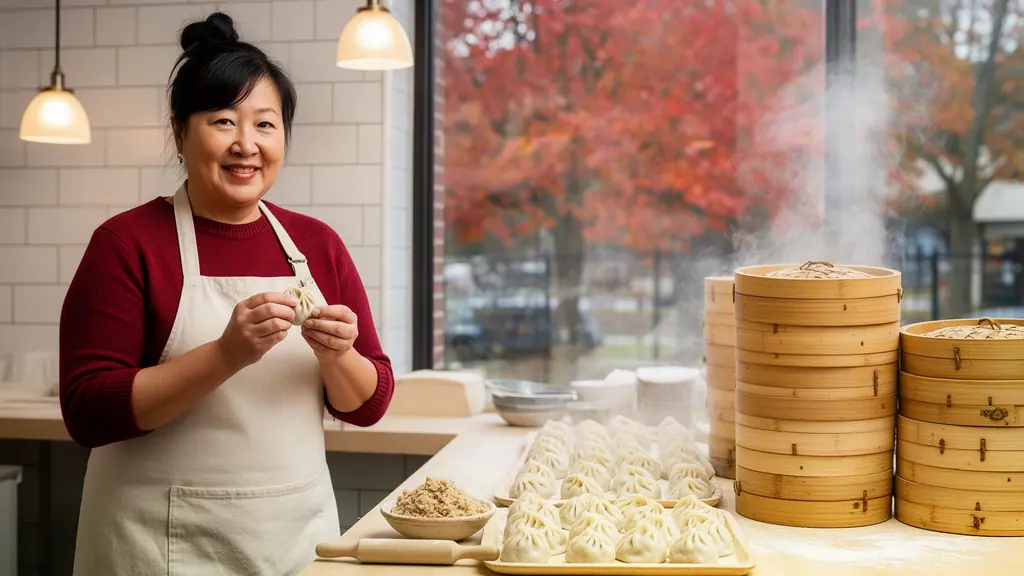 A smiling dumpling-shop owner folding dumplings beside stacked bamboo steamers, autumn trees outside.